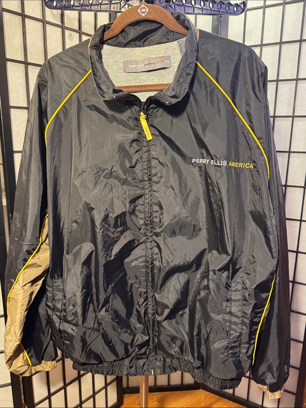 90s vintage Perry Ellis Black and tan color block Windbreaker with Gray Lining